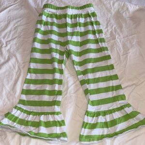 Girls' Green & White Striped Ruffle Hem Casual Pants